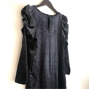 Long Sleeve Black Velvet Dress with Metallic Sparkle and Ruched Sleeves